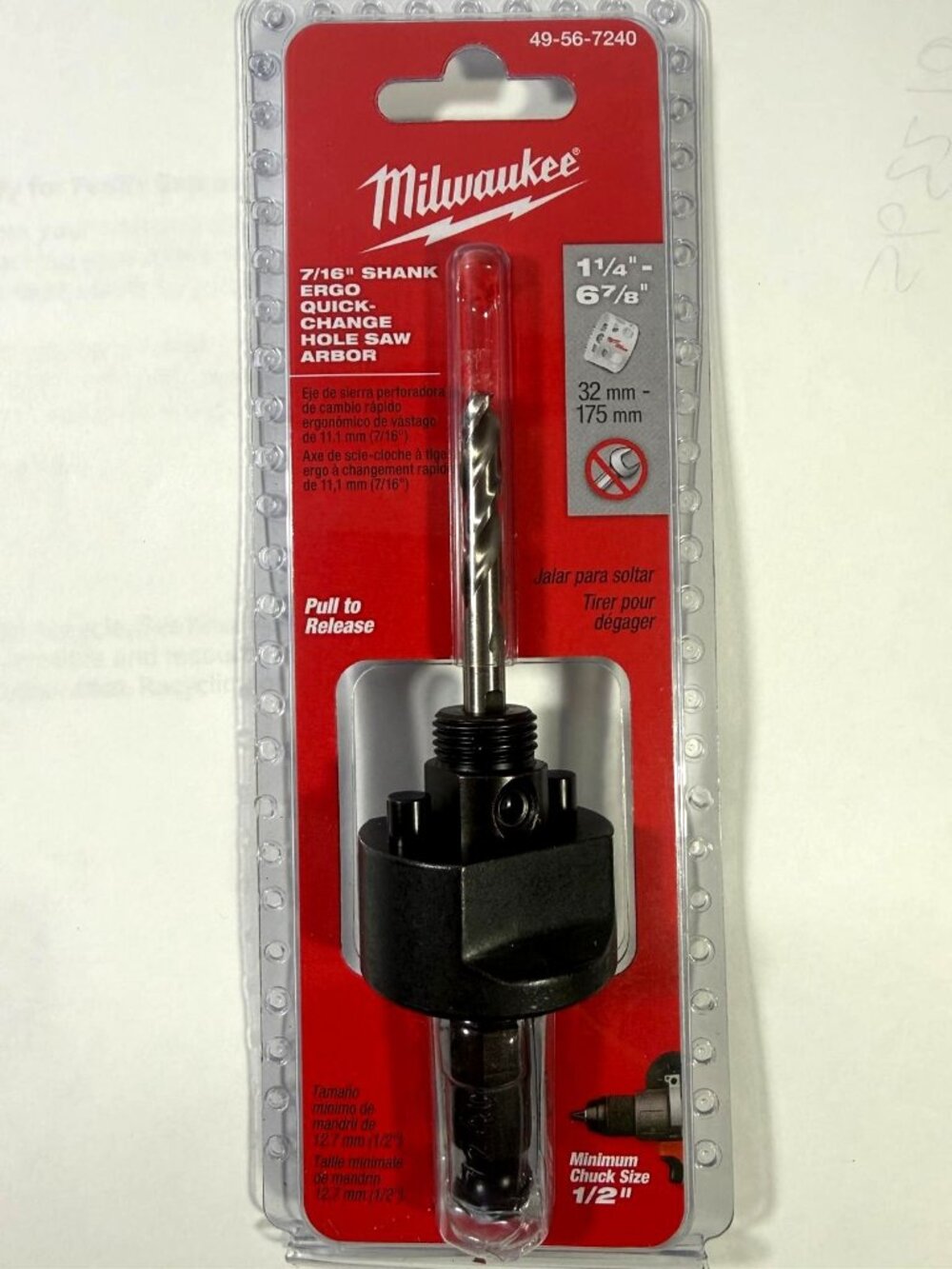 Milwaukee 7/16" Shank 32mm - 175mm Quick Change Holesaw Arbor